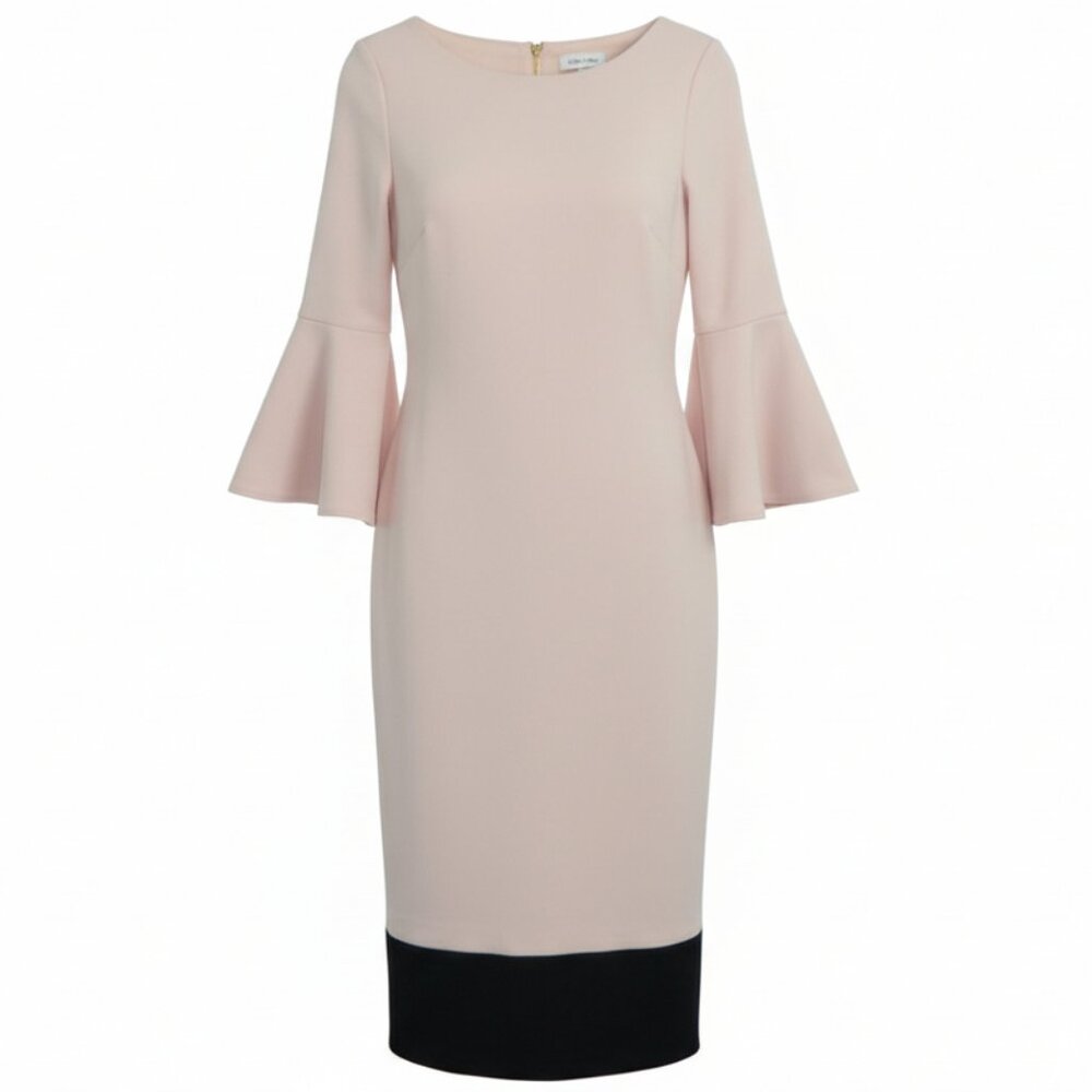 Calvin Klein Sheath Dress ¾ Tulip Bell Sleeves Knee Length Bateau Neckline Sz 8